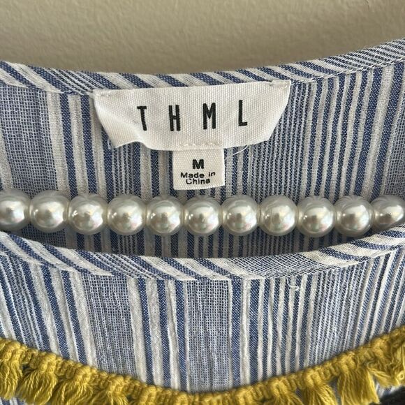 THML Striped Tank Detailed Embroidery Boho Beachy Casual Shirt Top Size Medium - Picture 3 of 5